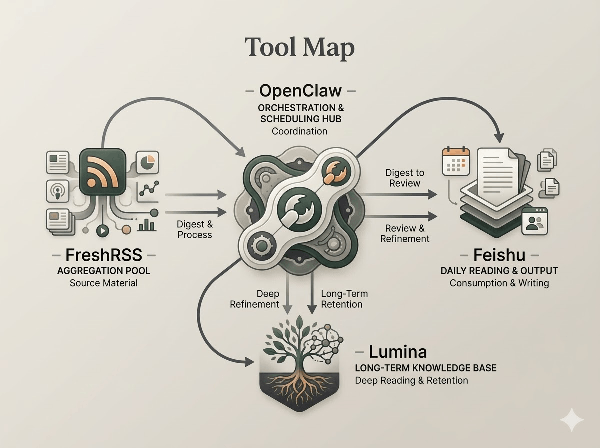 OpenClaw、FreshRSS、飞书与 Lumina 的分工