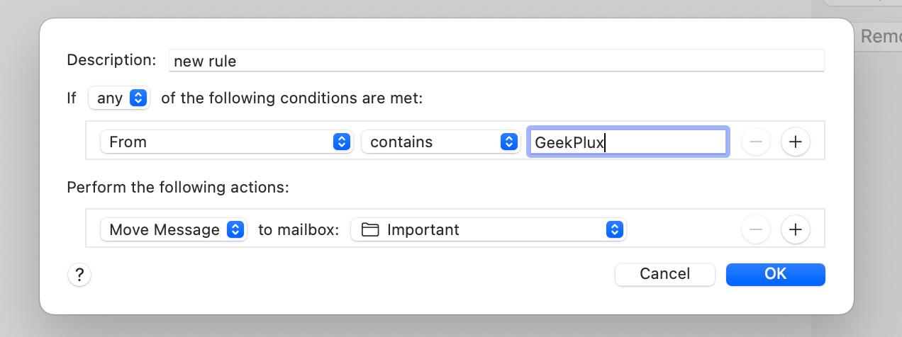 setting new rule in mails